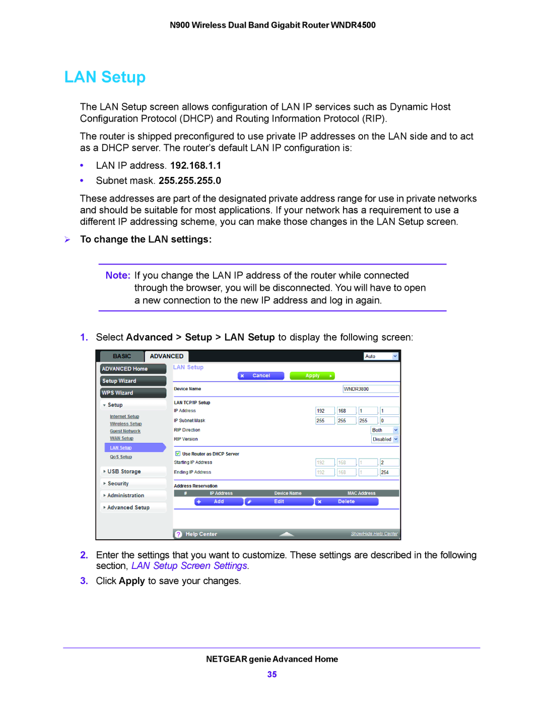 NETGEAR WNDR4500 user manual LAN Setup,  To change the LAN settings 