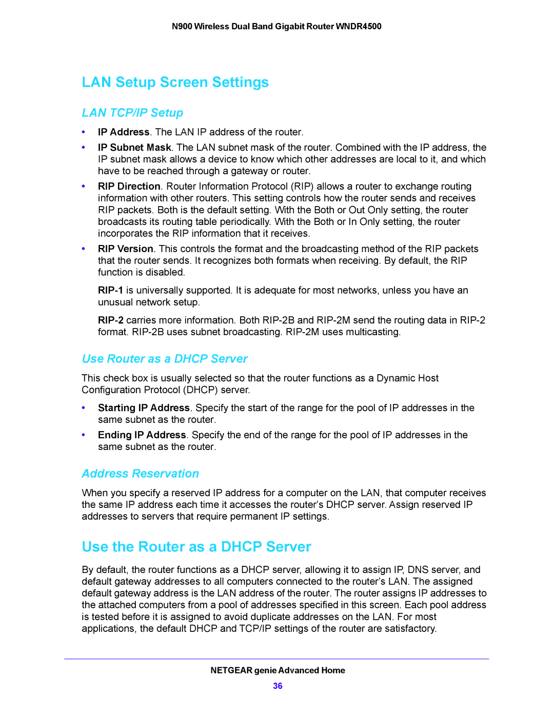 NETGEAR WNDR4500 LAN Setup Screen Settings, Use the Router as a Dhcp Server, LAN TCP/IP Setup, Use Router as a Dhcp Server 