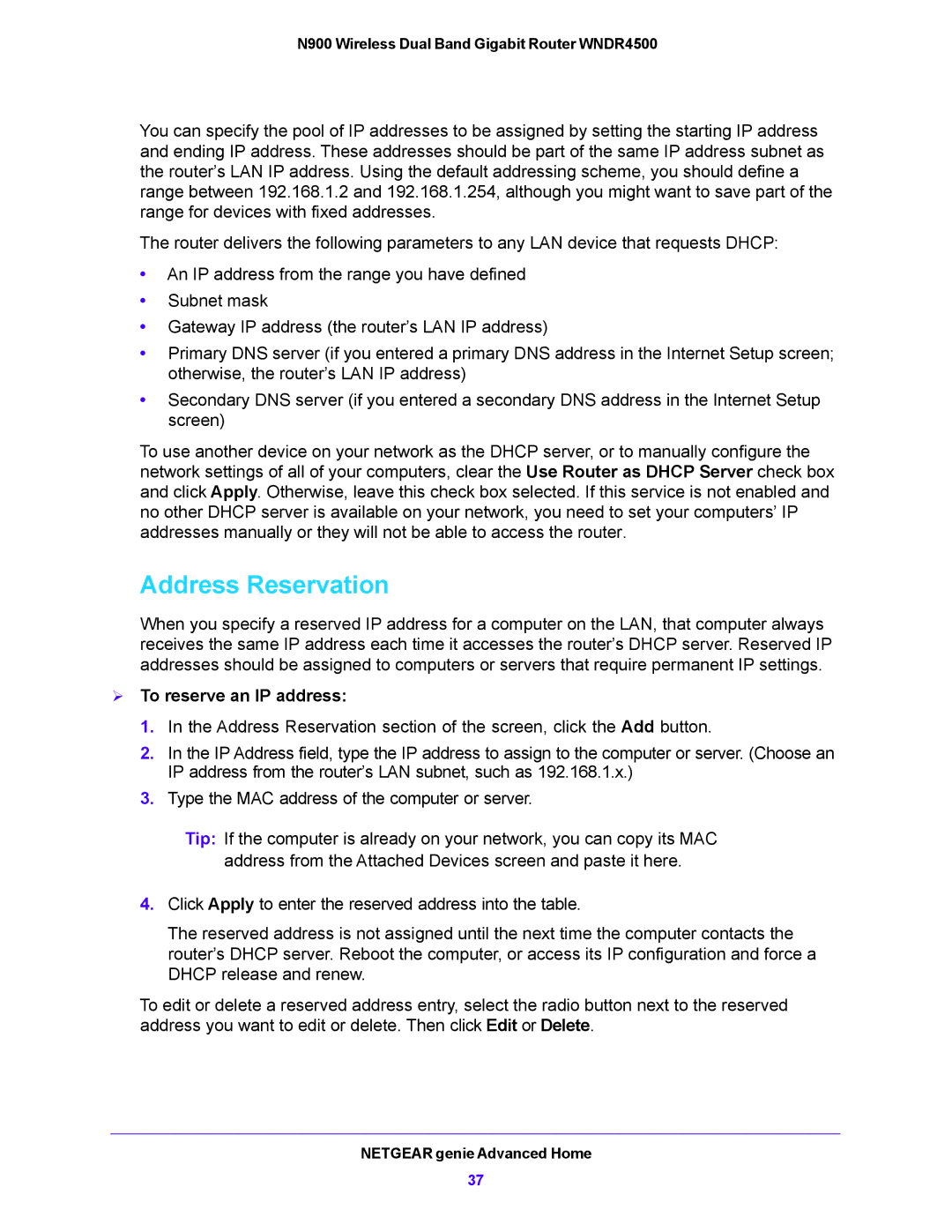 NETGEAR WNDR4500 user manual Address Reservation,  To reserve an IP address 