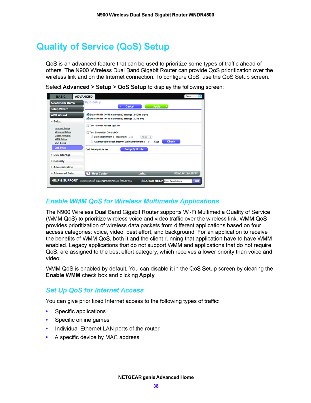 NETGEAR WNDR4500 user manual Quality of Service QoS Setup, Enable WMM QoS for Wireless Multimedia Applications 