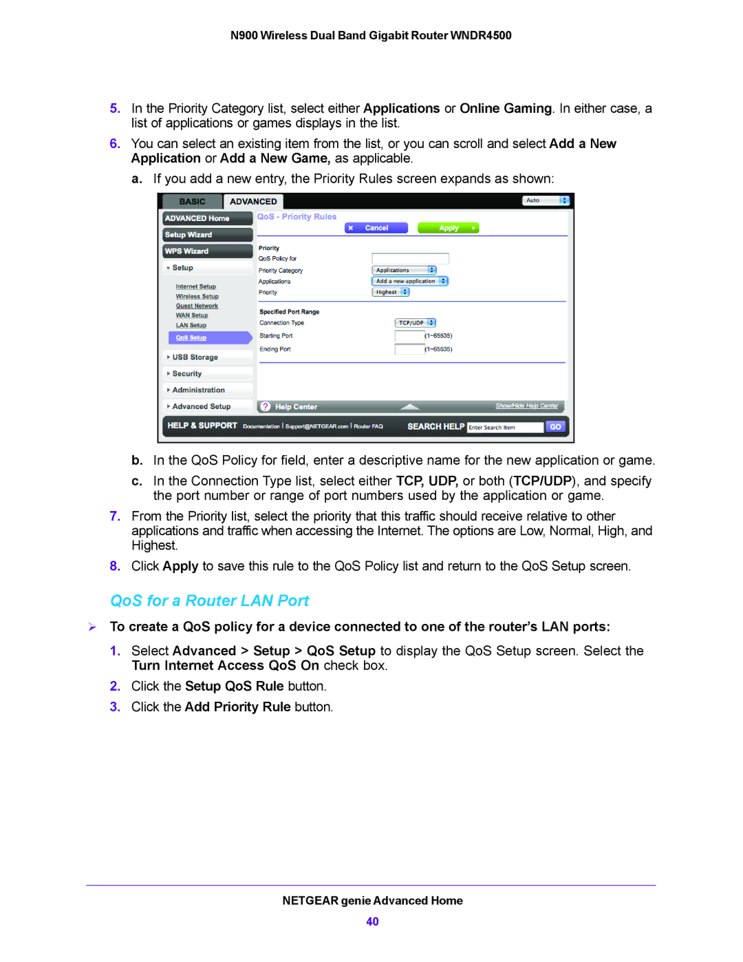 NETGEAR WNDR4500 user manual QoS for a Router LAN Port, Click the Add Priority Rule button 