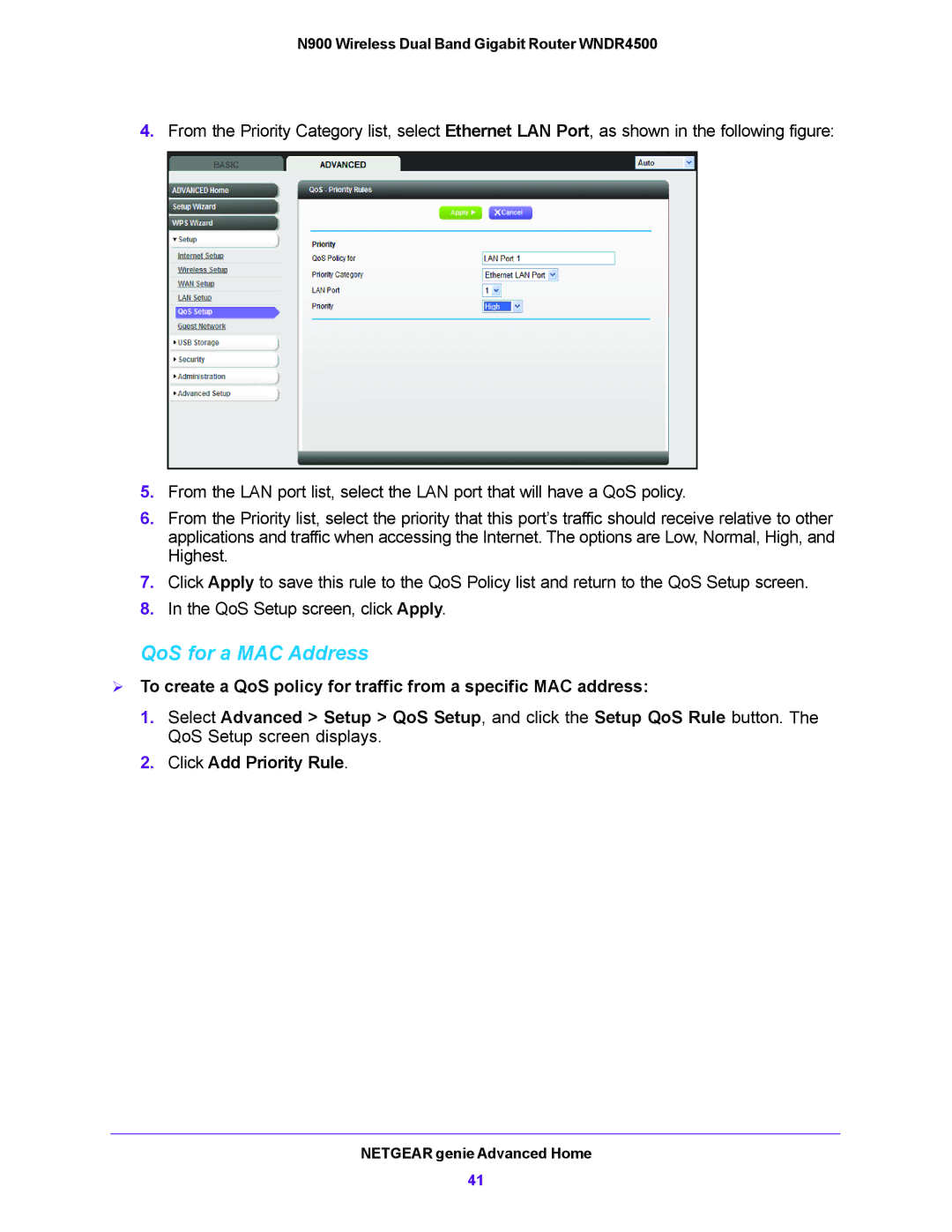 NETGEAR WNDR4500 user manual QoS for a MAC Address, Click Add Priority Rule 