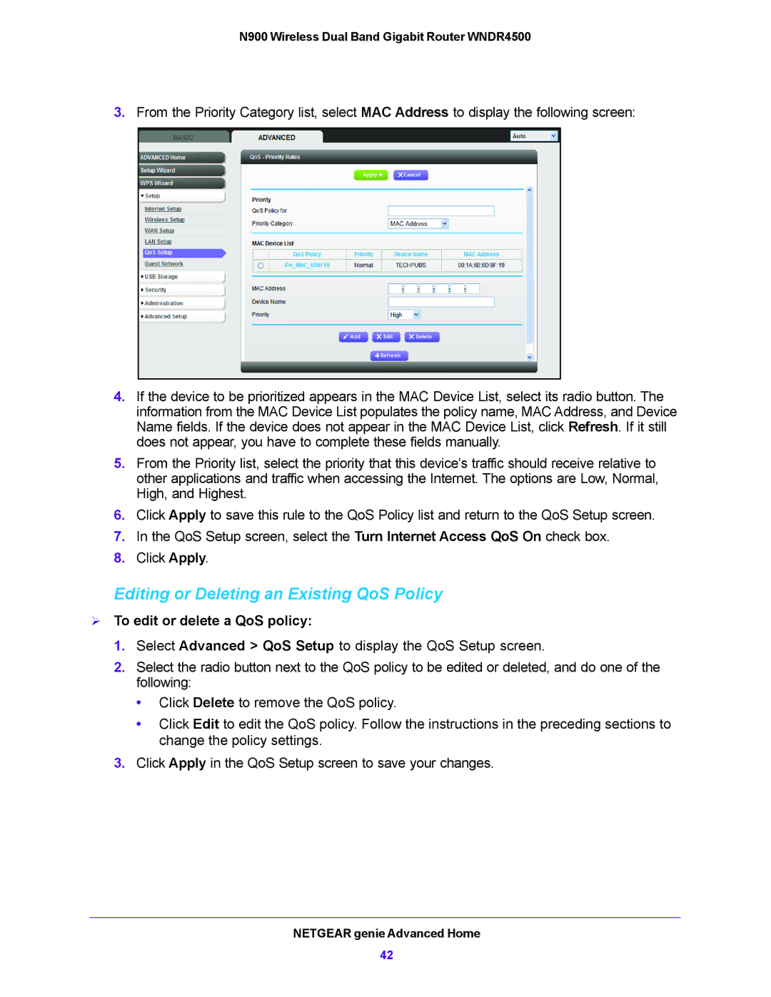 NETGEAR WNDR4500 user manual Editing or Deleting an Existing QoS Policy,  To edit or delete a QoS policy 