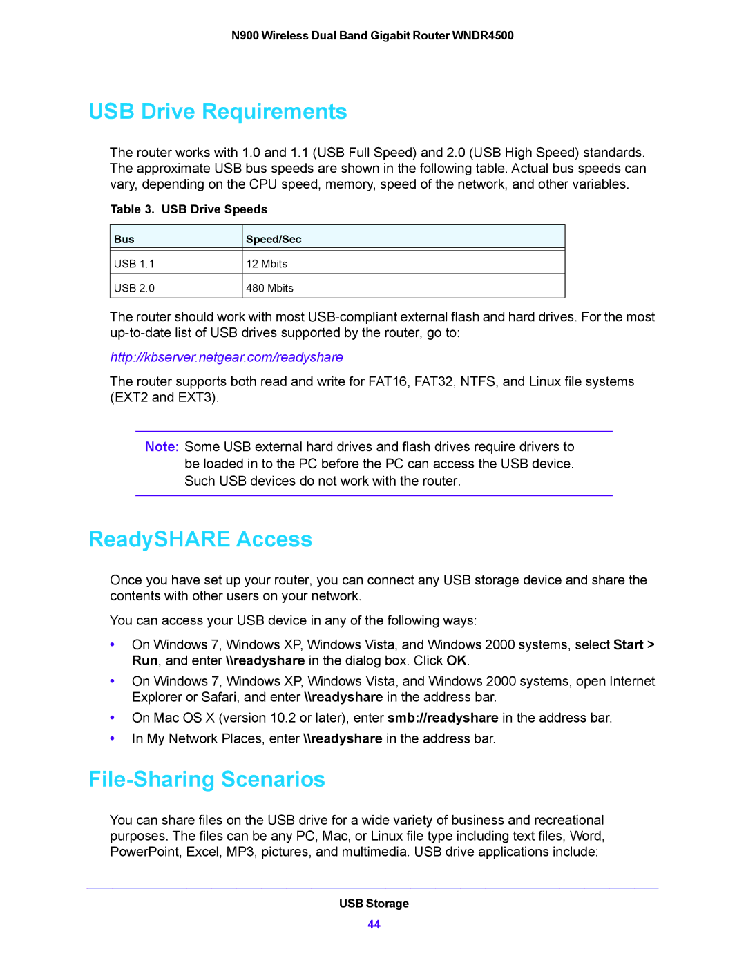 NETGEAR WNDR4500 user manual USB Drive Requirements, ReadySHARE Access, File-Sharing Scenarios 