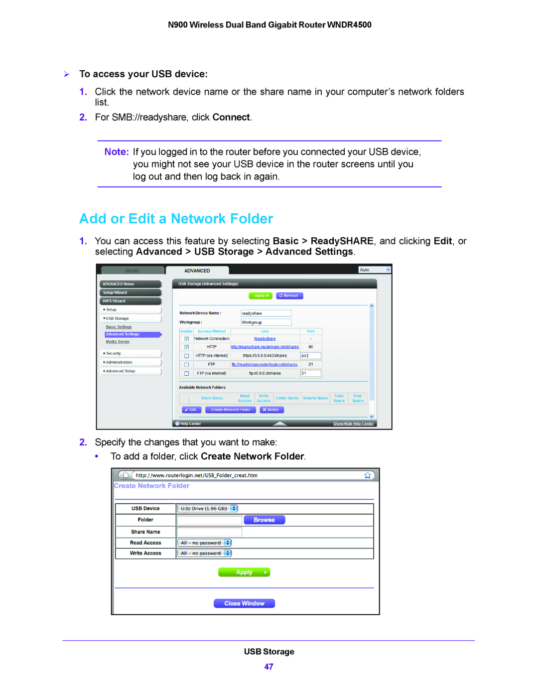 NETGEAR WNDR4500 user manual Add or Edit a Network Folder,  To access your USB device 