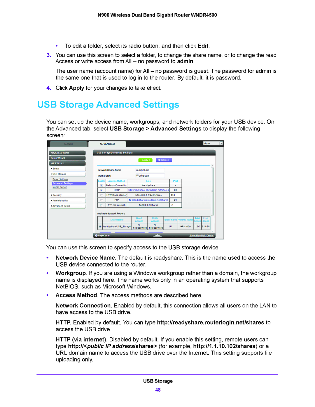 NETGEAR WNDR4500 user manual USB Storage Advanced Settings 