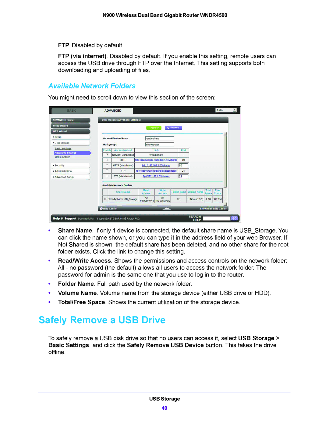 NETGEAR WNDR4500 user manual Safely Remove a USB Drive, Available Network Folders 