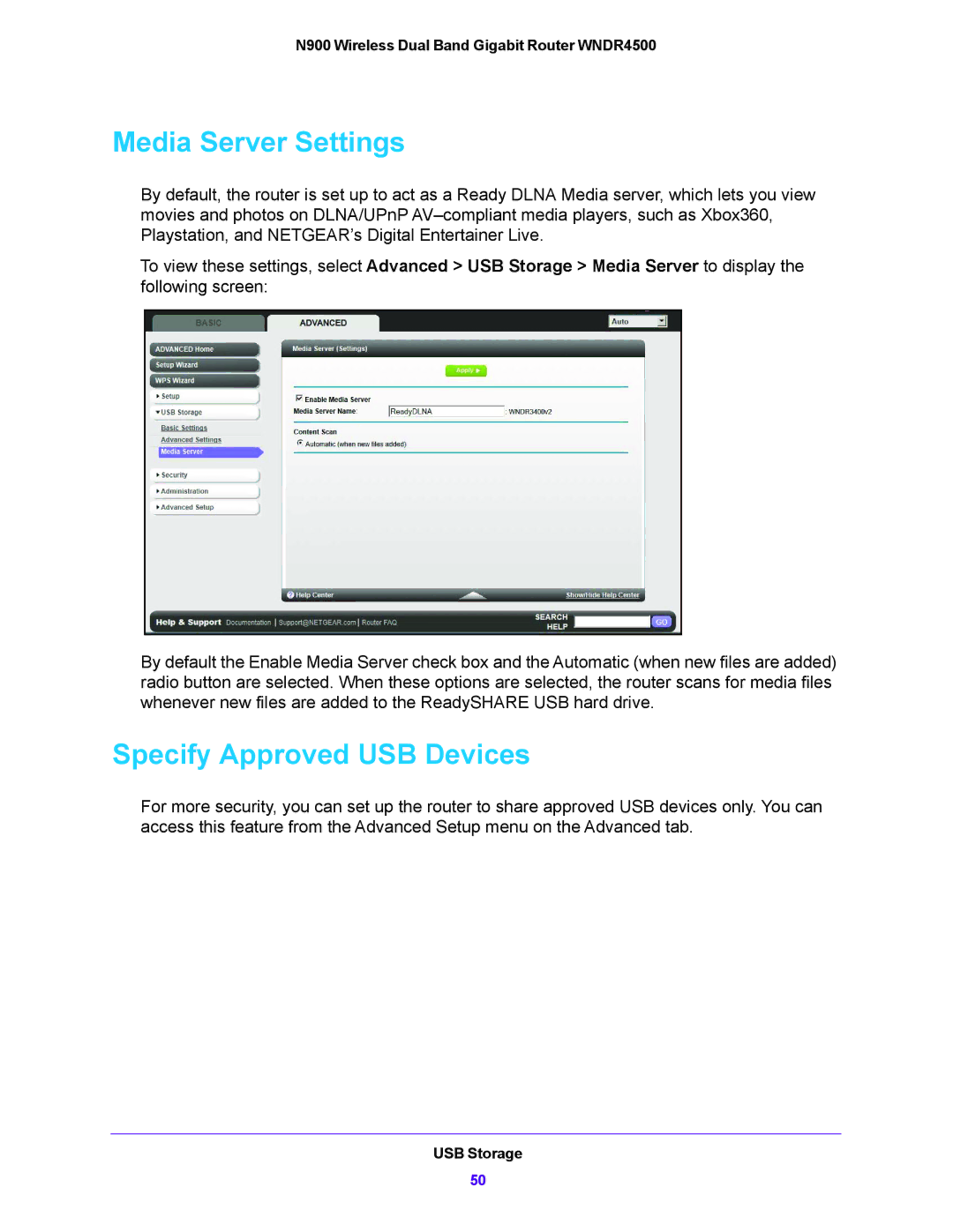 NETGEAR WNDR4500 user manual Media Server Settings, Specify Approved USB Devices 