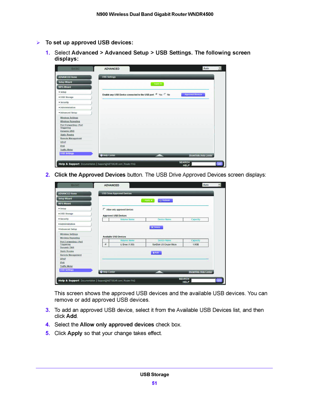 NETGEAR WNDR4500 user manual Select the Allow only approved devices check box 