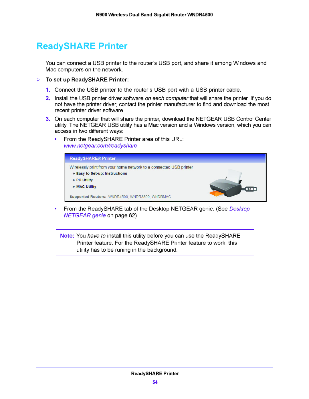 NETGEAR WNDR4500 user manual  To set up ReadySHARE Printer 