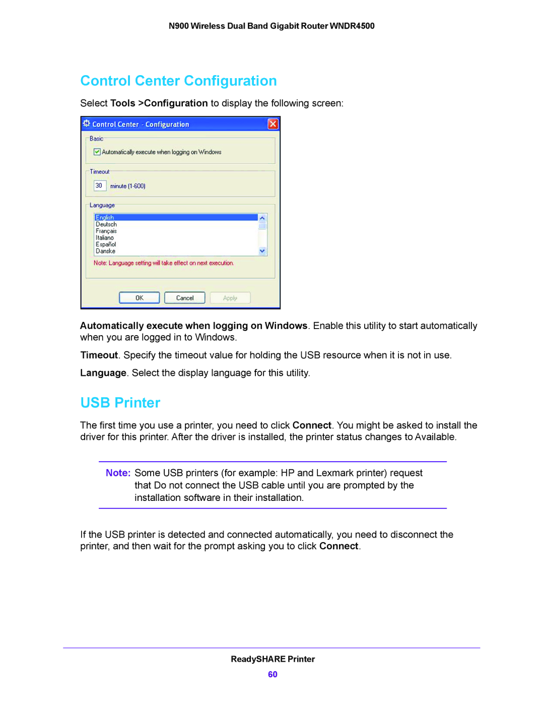 NETGEAR WNDR4500 user manual Control Center Configuration, USB Printer 