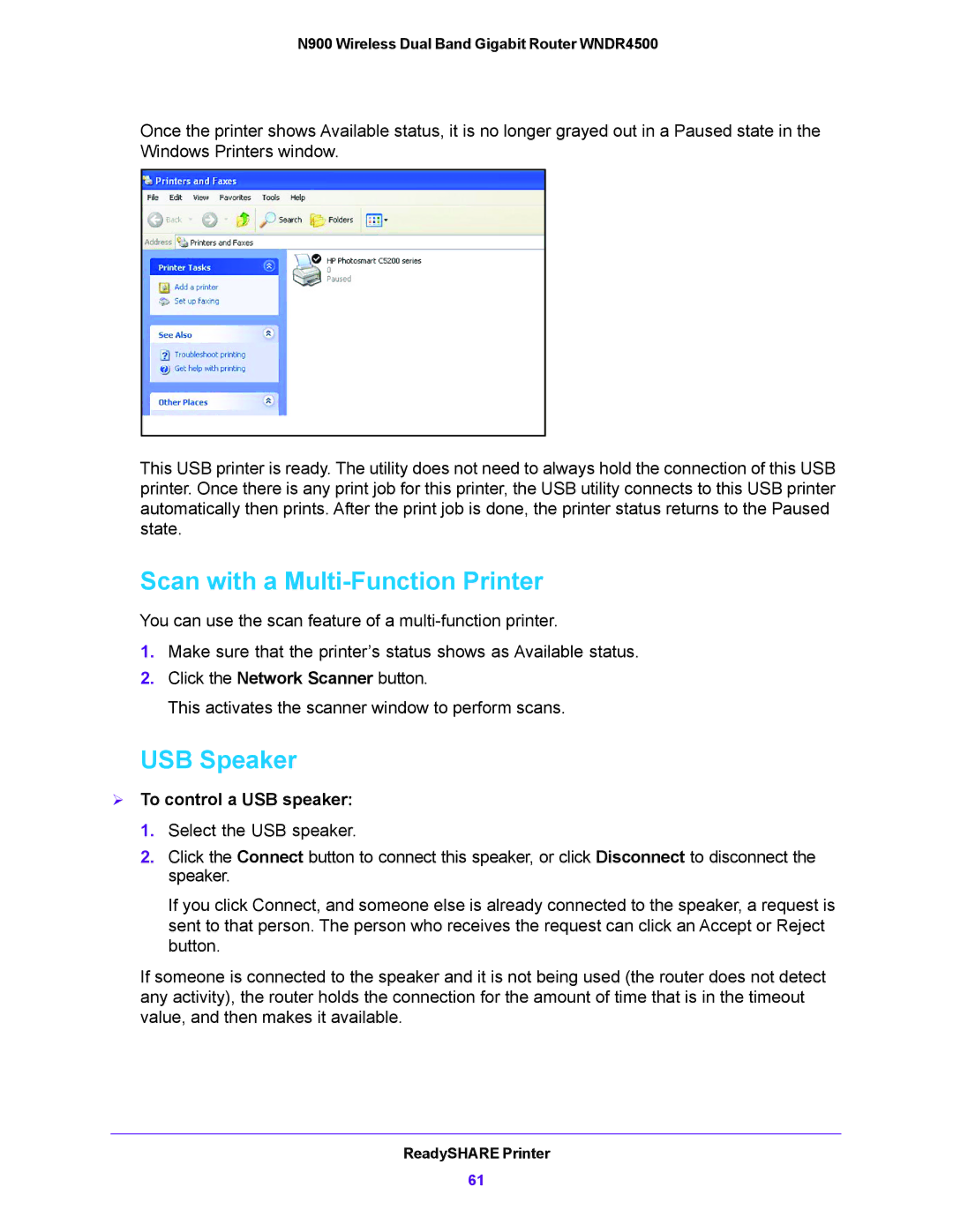 NETGEAR WNDR4500 user manual Scan with a Multi-Function Printer, USB Speaker,  To control a USB speaker 