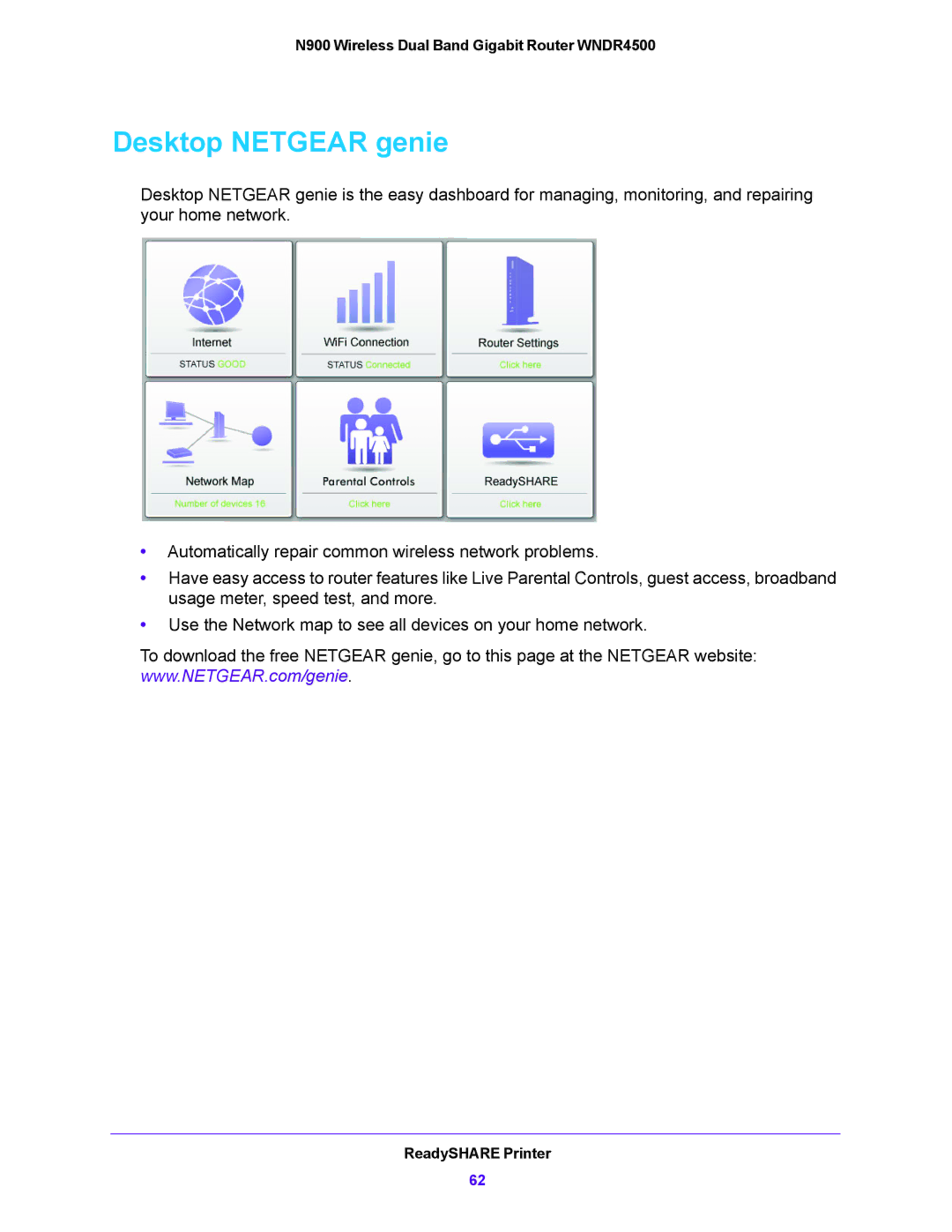 NETGEAR WNDR4500 user manual Desktop Netgear genie 