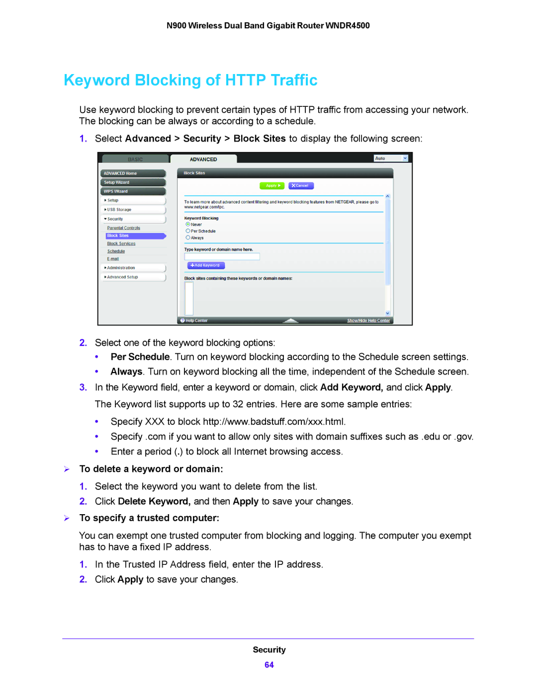 NETGEAR WNDR4500 Keyword Blocking of Http Traffic,  To delete a keyword or domain,  To specify a trusted computer 