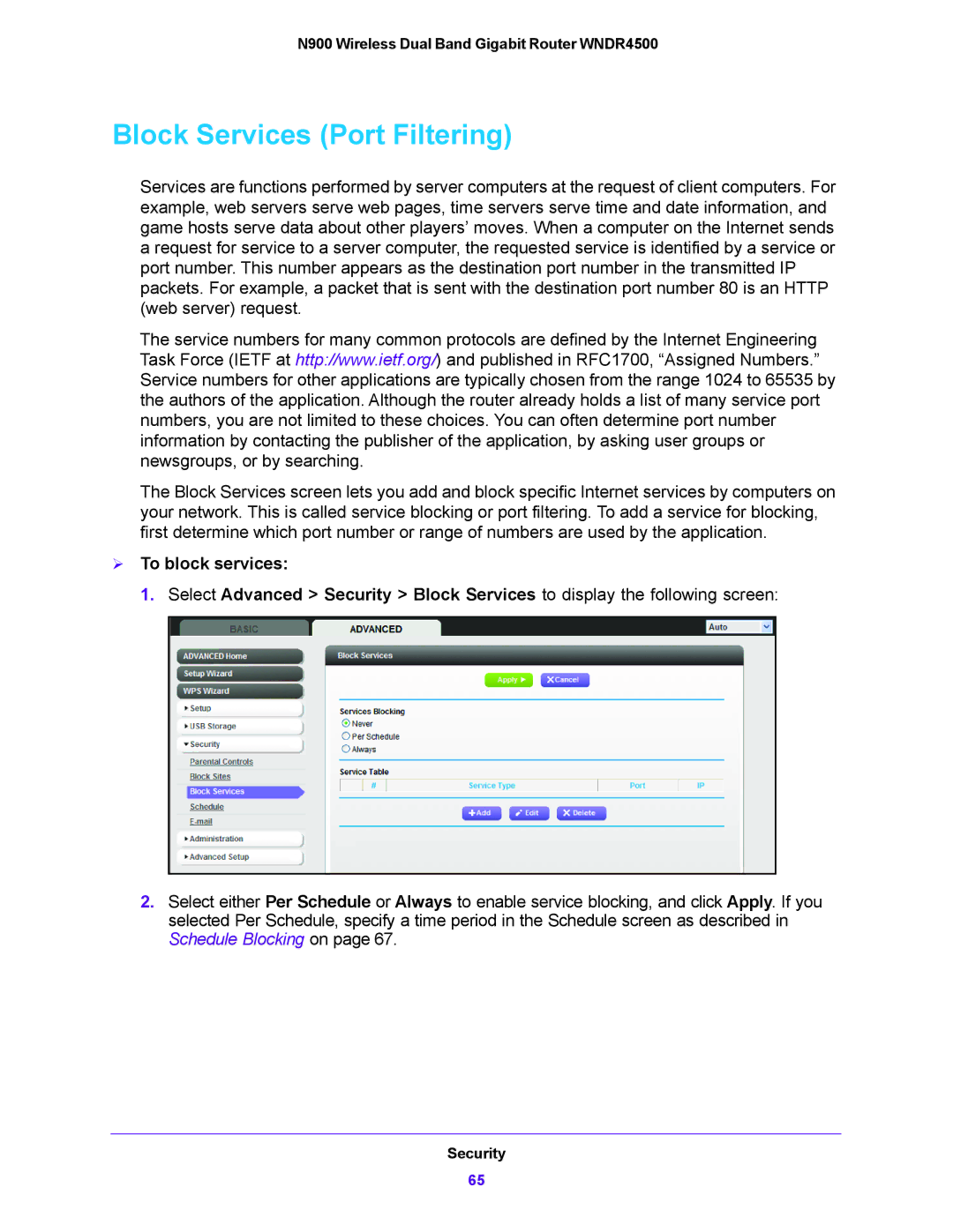 NETGEAR WNDR4500 user manual Block Services Port Filtering,  To block services 