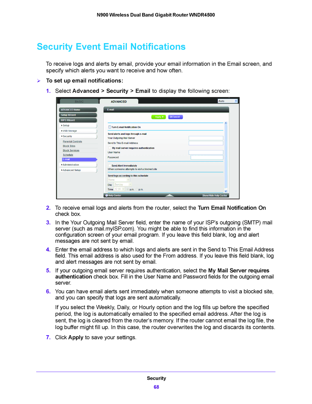 NETGEAR WNDR4500 user manual Security Event Email Notifications,  To set up email notifications 