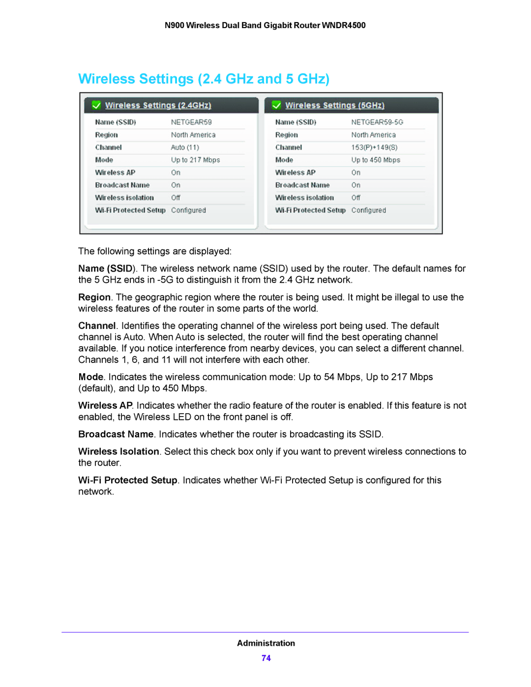 NETGEAR WNDR4500 user manual Wireless Settings 2.4 GHz and 5 GHz 