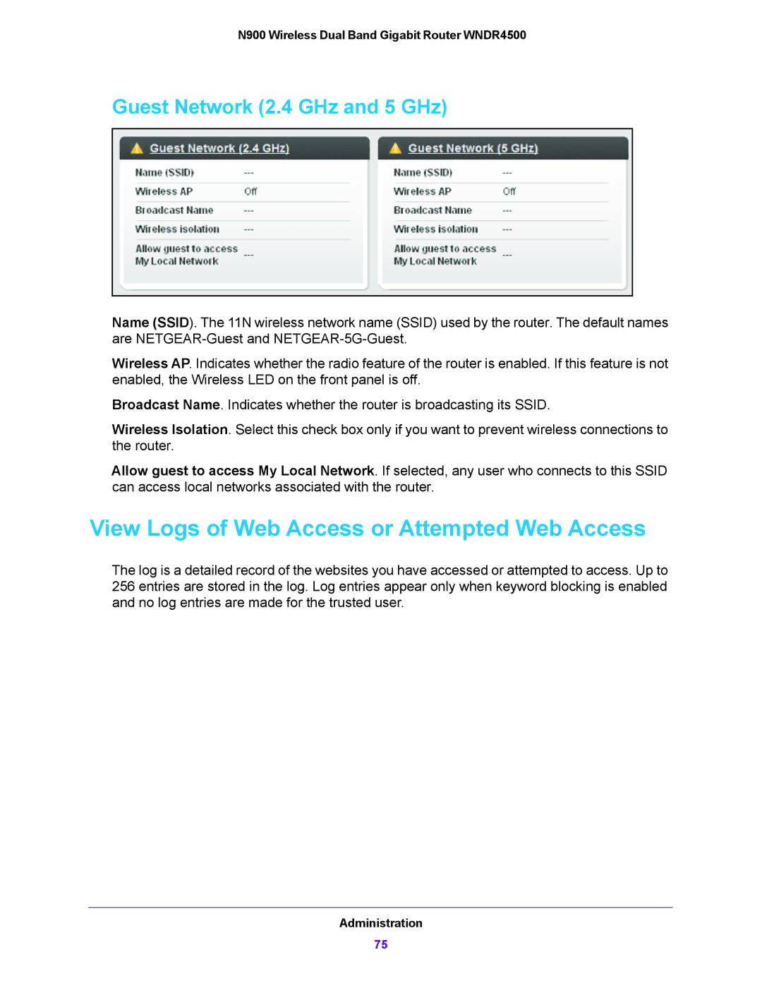 NETGEAR WNDR4500 user manual View Logs of Web Access or Attempted Web Access, Guest Network 2.4 GHz and 5 GHz 