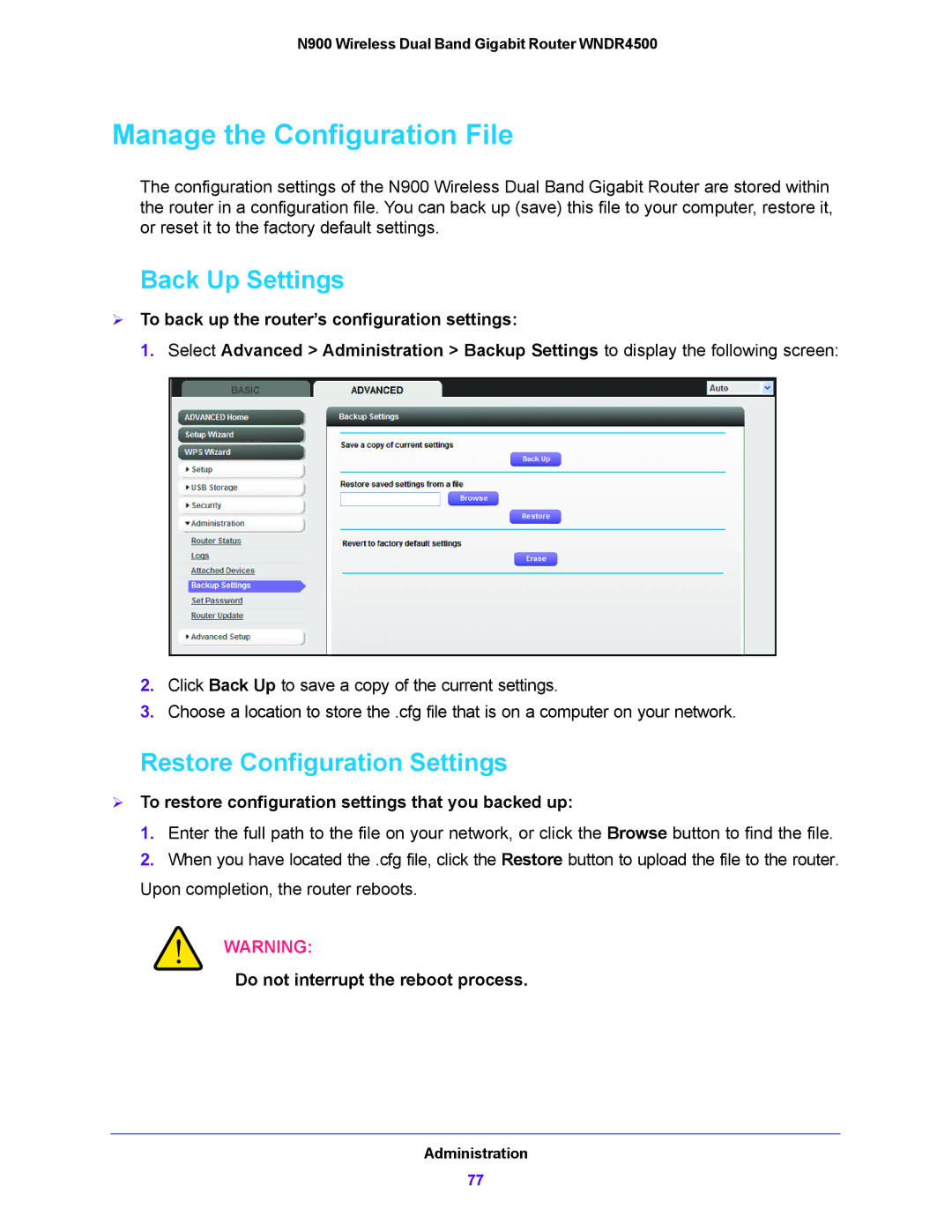 NETGEAR WNDR4500 user manual Manage the Configuration File, Back Up Settings, Restore Configuration Settings 