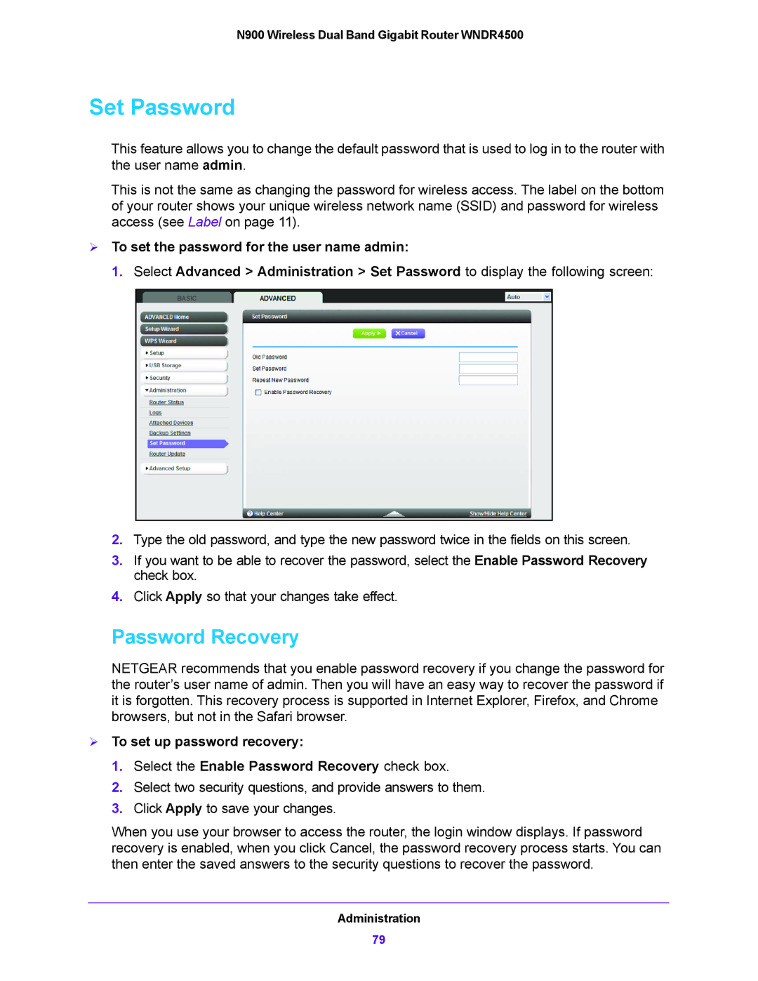 NETGEAR WNDR4500 user manual Set Password, Password Recovery 