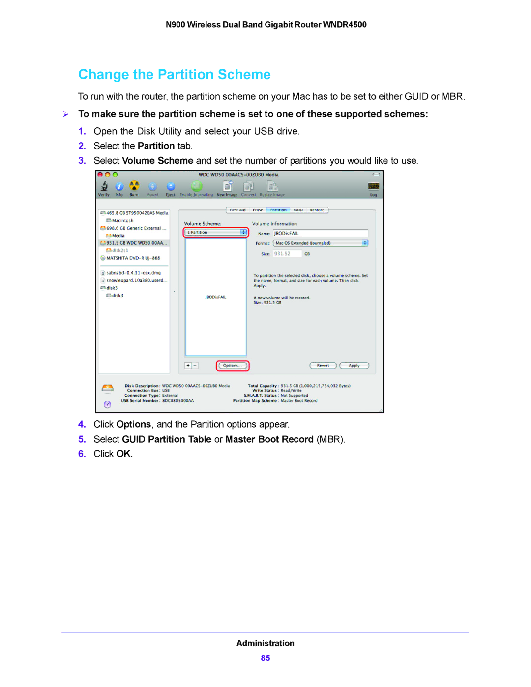 NETGEAR WNDR4500 user manual Change the Partition Scheme, Select Guid Partition Table or Master Boot Record MBR 