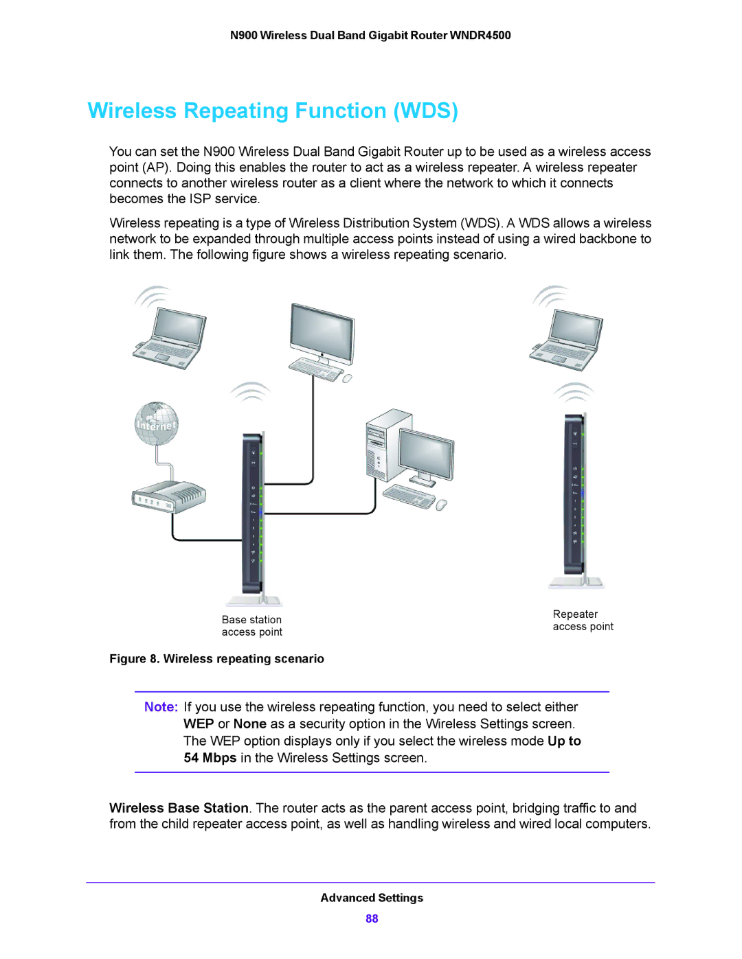 NETGEAR WNDR4500 user manual Wireless Repeating Function WDS, Wireless repeating scenario 