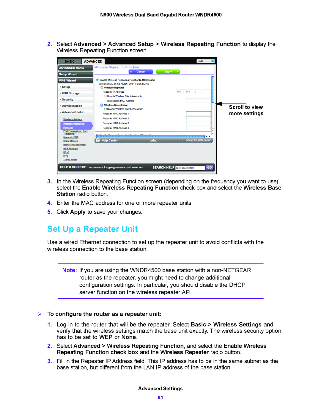 NETGEAR WNDR4500 user manual Set Up a Repeater Unit,  To configure the router as a repeater unit 