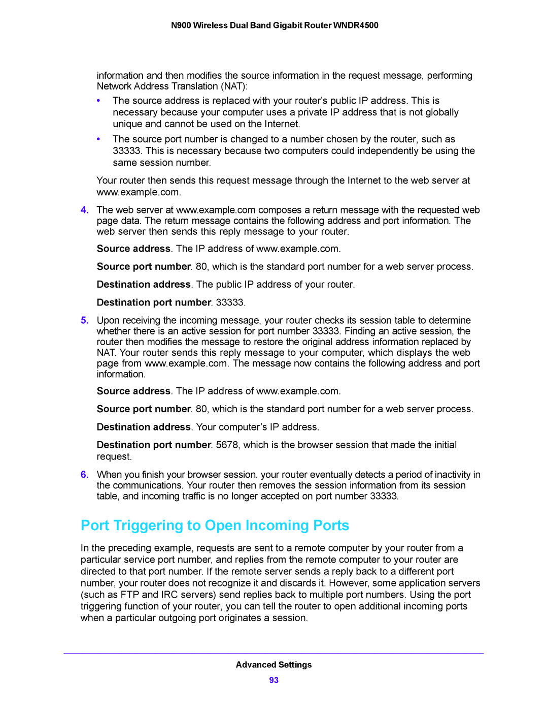 NETGEAR WNDR4500 user manual Port Triggering to Open Incoming Ports, Destination port number 