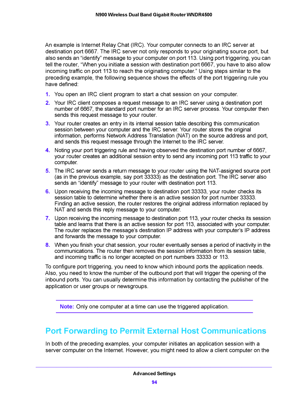 NETGEAR WNDR4500 user manual Port Forwarding to Permit External Host Communications 