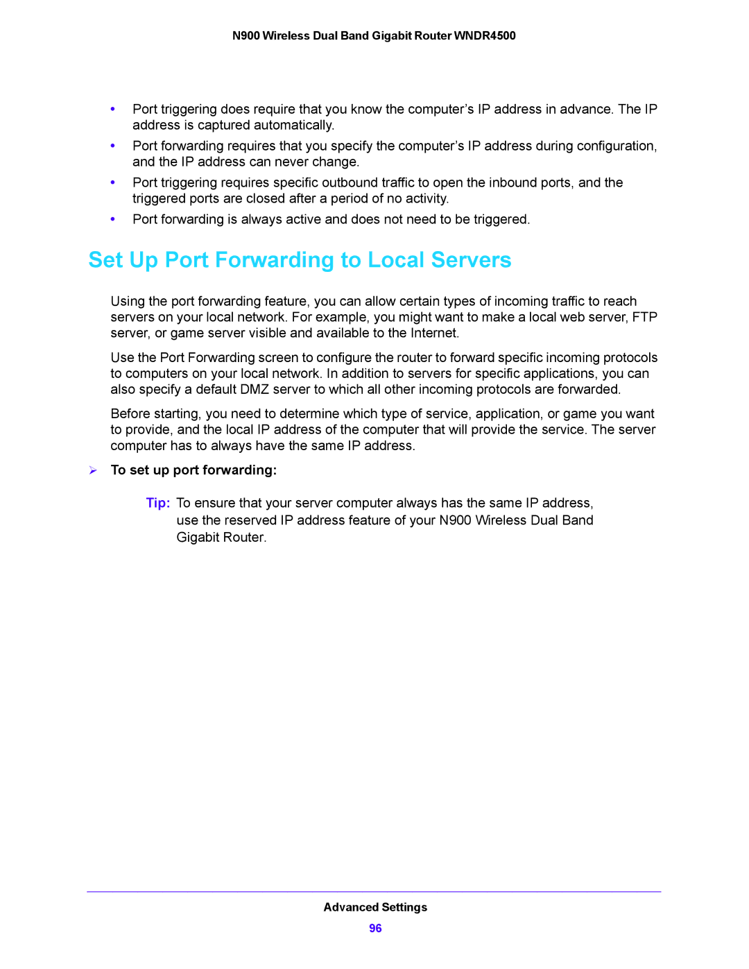 NETGEAR WNDR4500 user manual Set Up Port Forwarding to Local Servers,  To set up port forwarding 