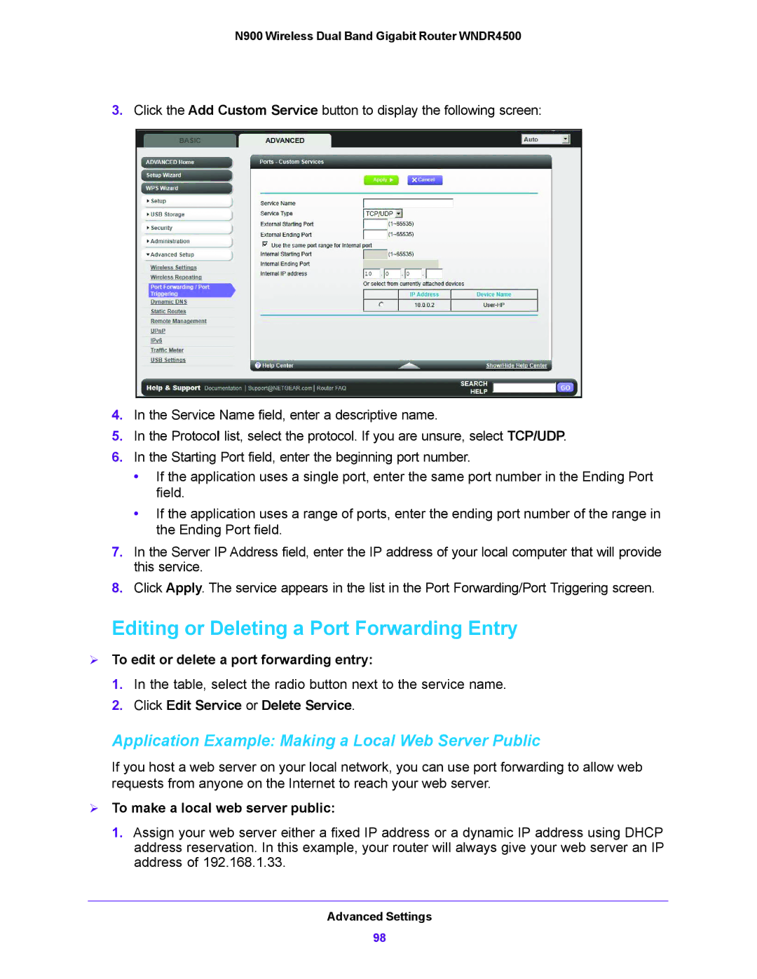 NETGEAR WNDR4500 Editing or Deleting a Port Forwarding Entry, Application Example Making a Local Web Server Public 