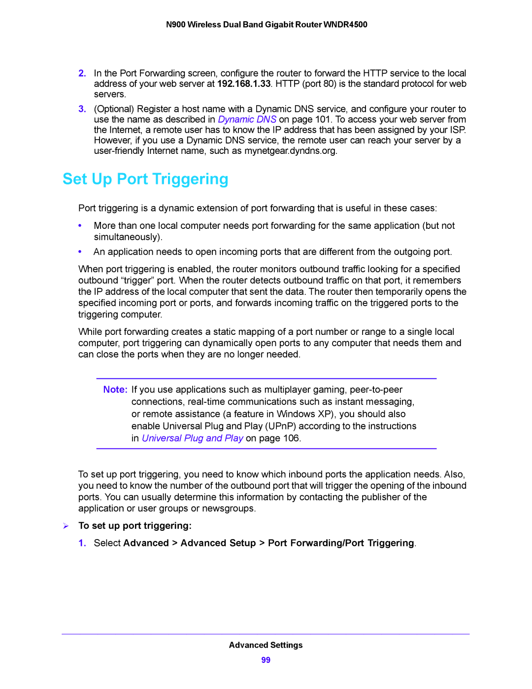 NETGEAR WNDR4500 user manual Set Up Port Triggering, Universal Plug and Play on 