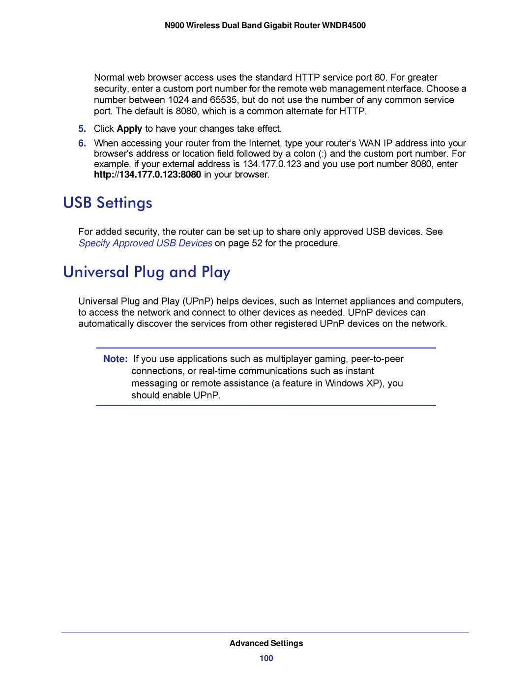 NETGEAR WNDR4500 user manual USB Settings, Universal Plug and Play 