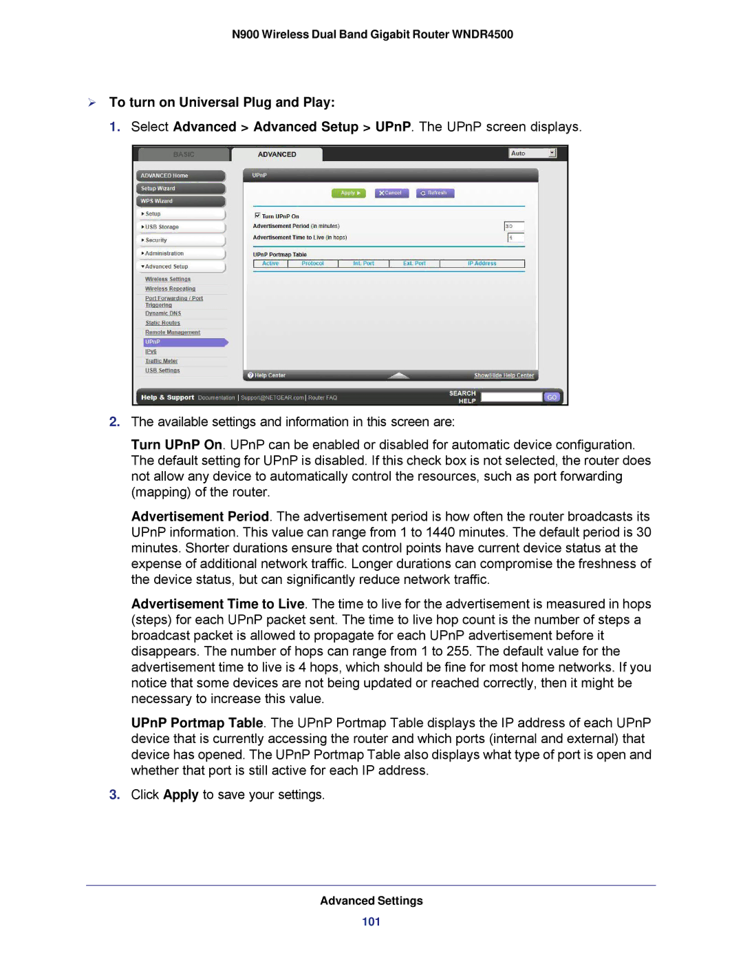 NETGEAR WNDR4500 user manual  To turn on Universal Plug and Play 