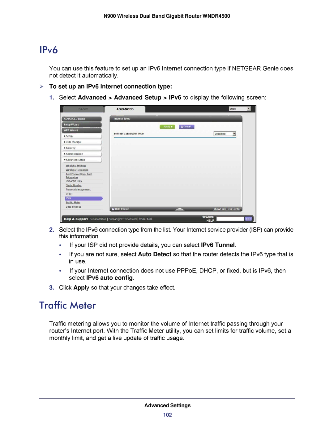 NETGEAR WNDR4500 user manual Traffic Meter,  To set up an IPv6 Internet connection type 