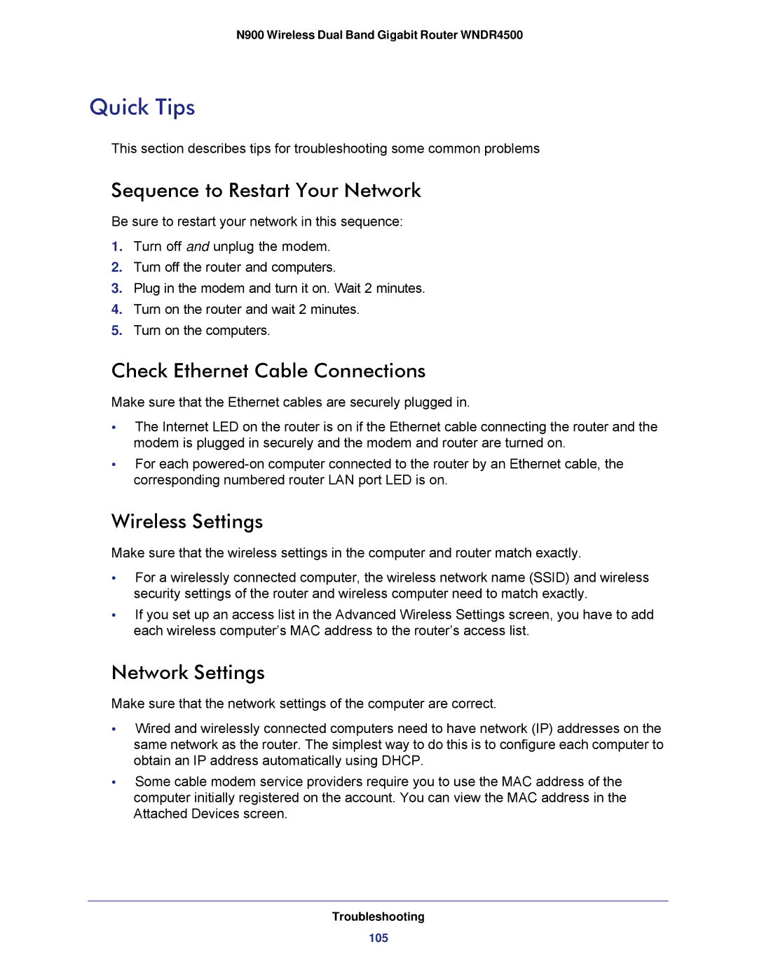 NETGEAR WNDR4500 Quick Tips, Sequence to Restart Your Network, Check Ethernet Cable Connections, Wireless Settings 