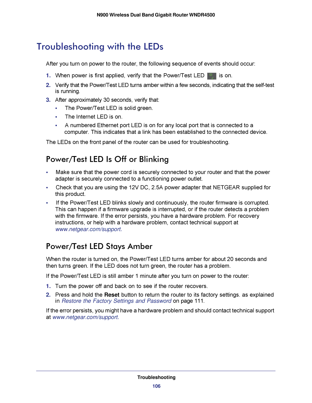 NETGEAR WNDR4500 user manual Troubleshooting with the LEDs, Power/Test LED Is Off or Blinking, Power/Test LED Stays Amber 