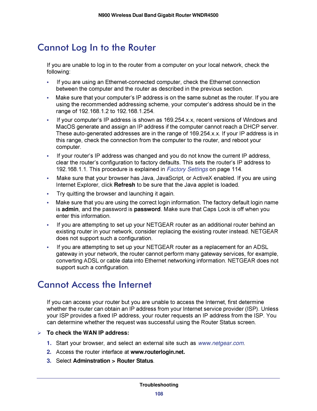 NETGEAR WNDR4500 user manual Cannot Log In to the Router, Cannot Access the Internet 