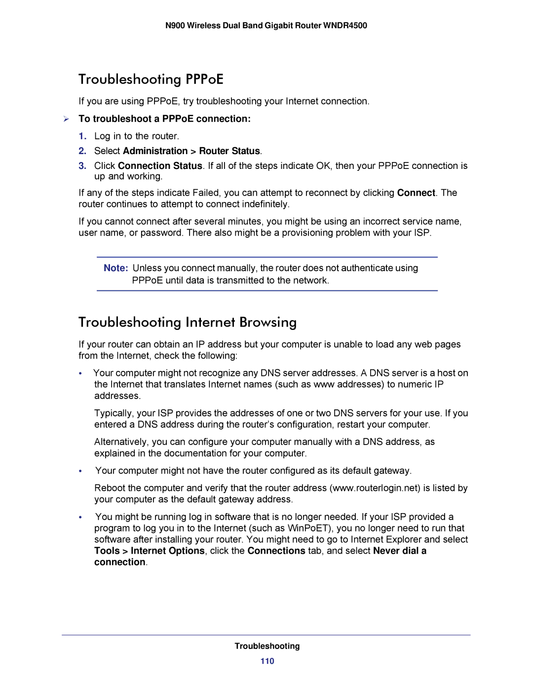 NETGEAR WNDR4500 user manual Troubleshooting PPPoE, Troubleshooting Internet Browsing,  To troubleshoot a PPPoE connection 