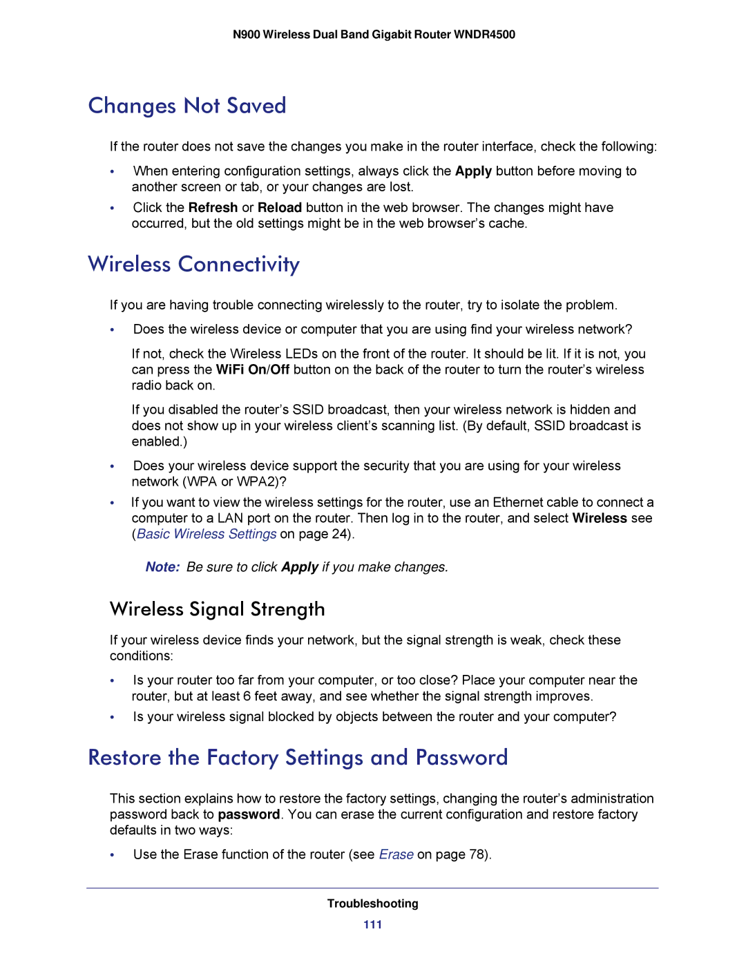 NETGEAR WNDR4500 user manual Changes Not Saved, Wireless Connectivity, Restore the Factory Settings and Password 