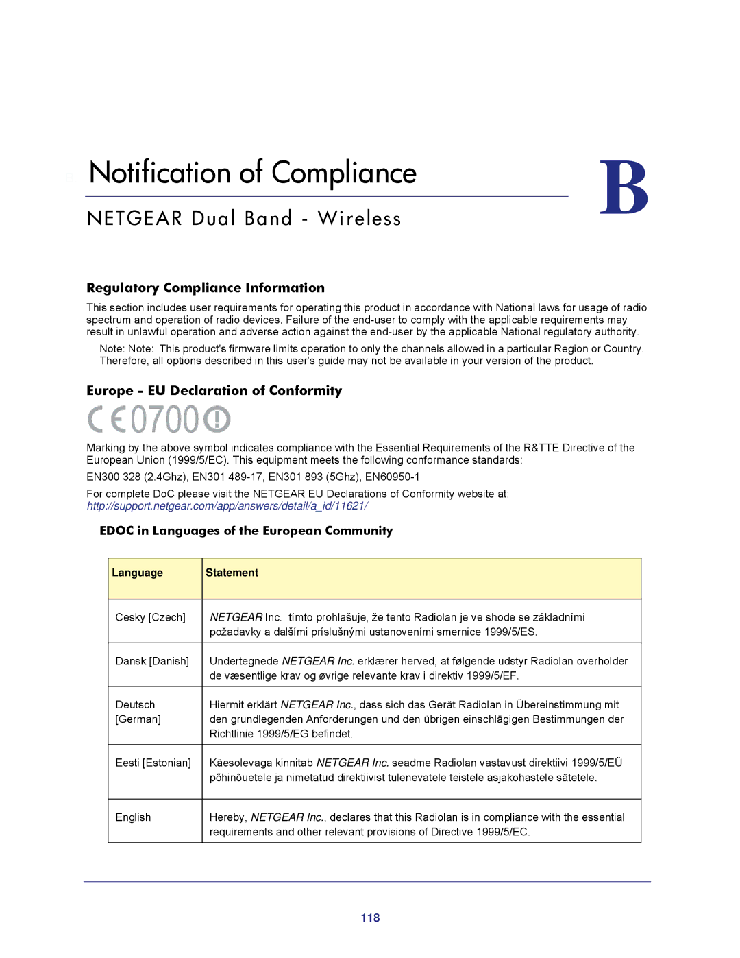 NETGEAR WNDR4500 Netgear Dual Band Wireless, Regulatory Compliance Information, Europe EU Declaration of Conformity 