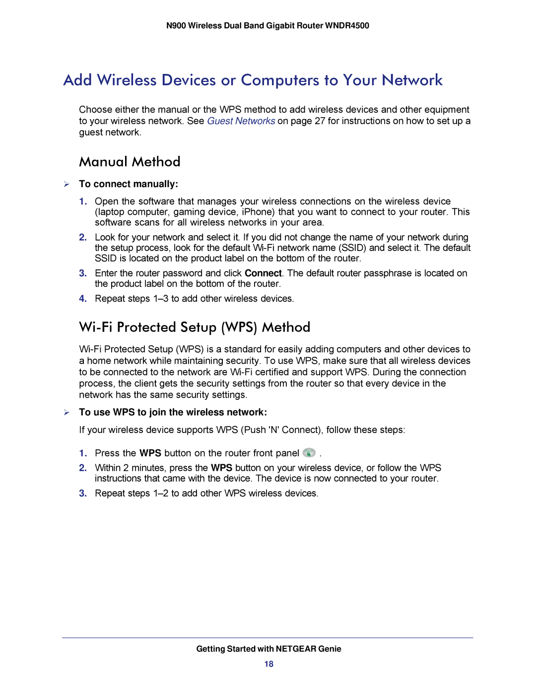 NETGEAR WNDR4500 Add Wireless Devices or Computers to Your Network, Manual Method, Wi-Fi Protected Setup WPS Method 