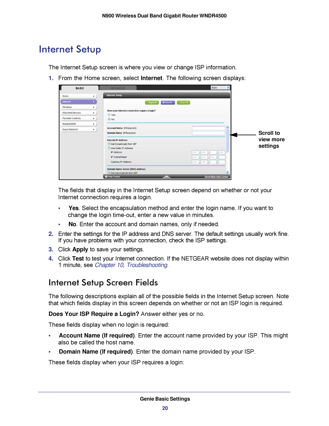 NETGEAR WNDR4500 user manual Internet Setup Screen Fields, Does Your ISP Require a Login? Answer either yes or no 