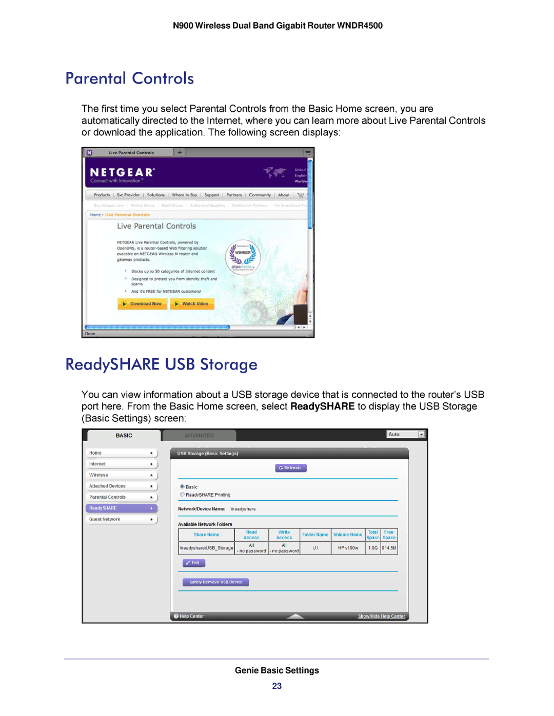 NETGEAR WNDR4500 user manual Parental Controls, ReadySHARE USB Storage 