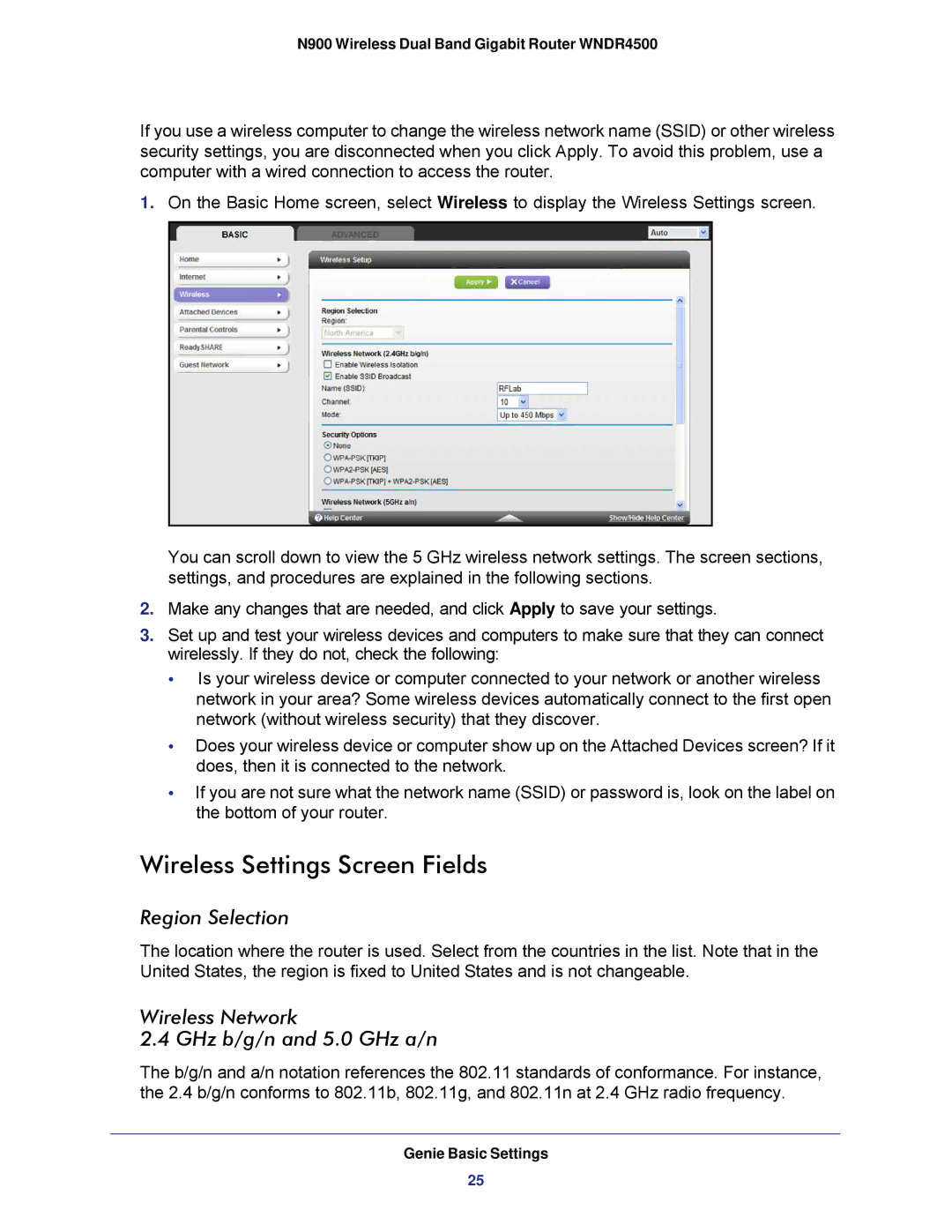 NETGEAR WNDR4500 user manual Wireless Settings Screen Fields, Region Selection, Wireless Network GHz b/g/n and 5.0 GHz a/n 