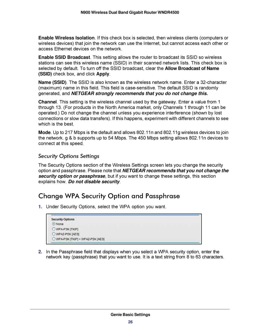 NETGEAR WNDR4500 user manual Change WPA Security Option and Passphrase, Security Options Settings 