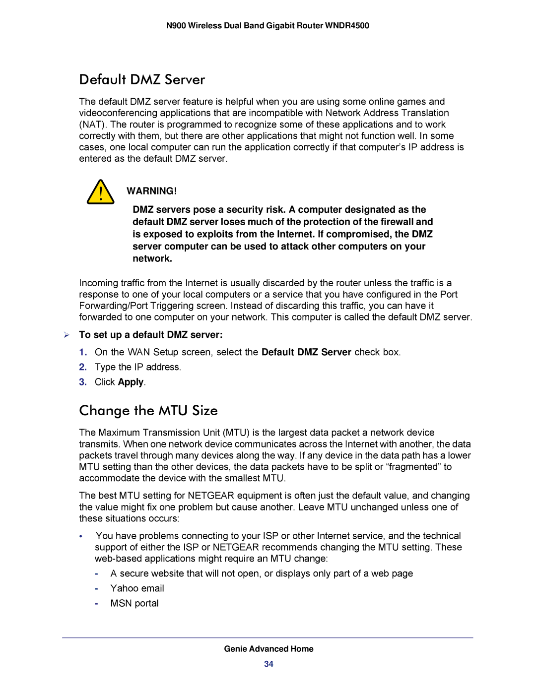 NETGEAR WNDR4500 user manual Default DMZ Server, Change the MTU Size,  To set up a default DMZ server 