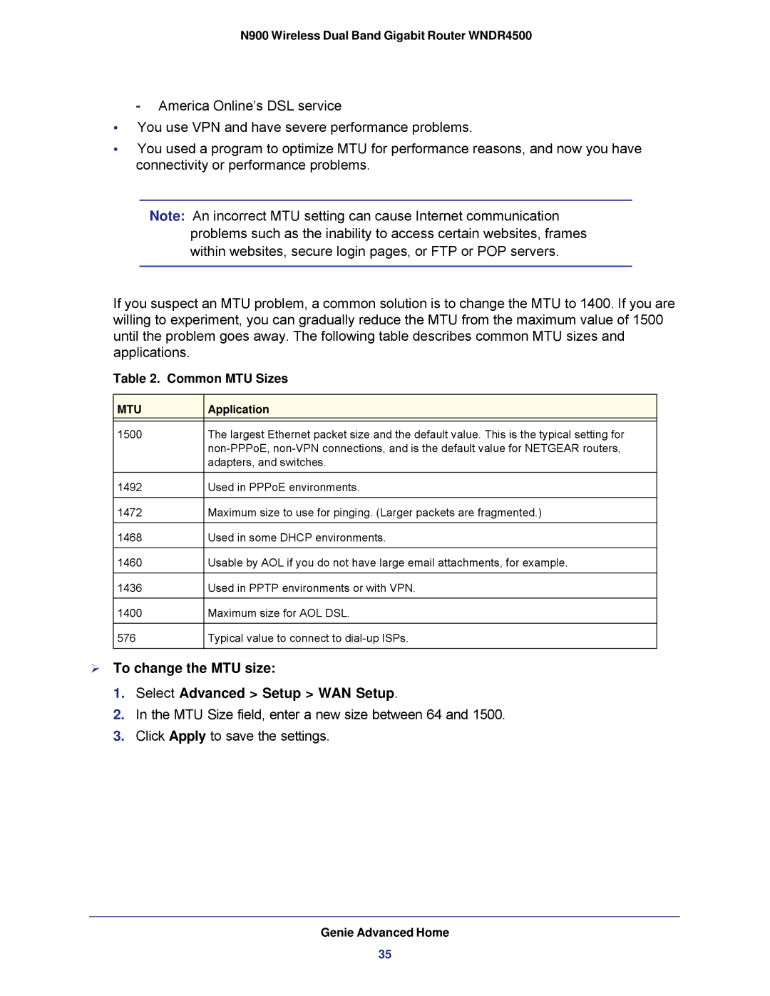 NETGEAR WNDR4500 user manual  To change the MTU size Select Advanced Setup WAN Setup, Common MTU Sizes 