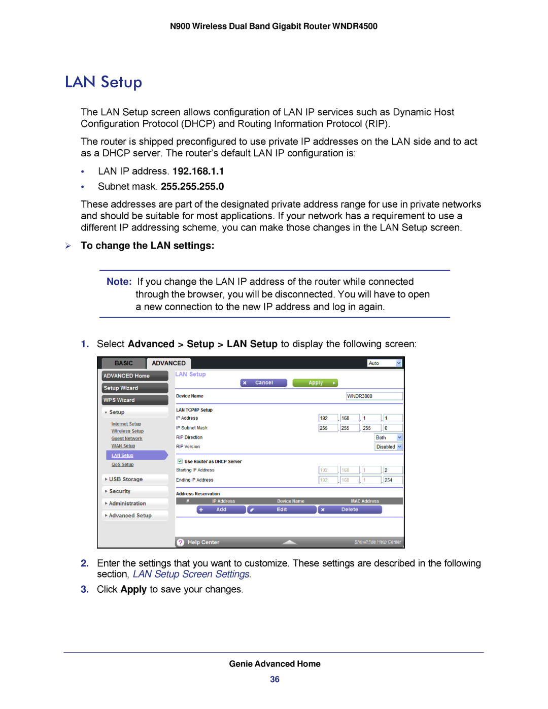 NETGEAR WNDR4500 user manual LAN Setup,  To change the LAN settings 