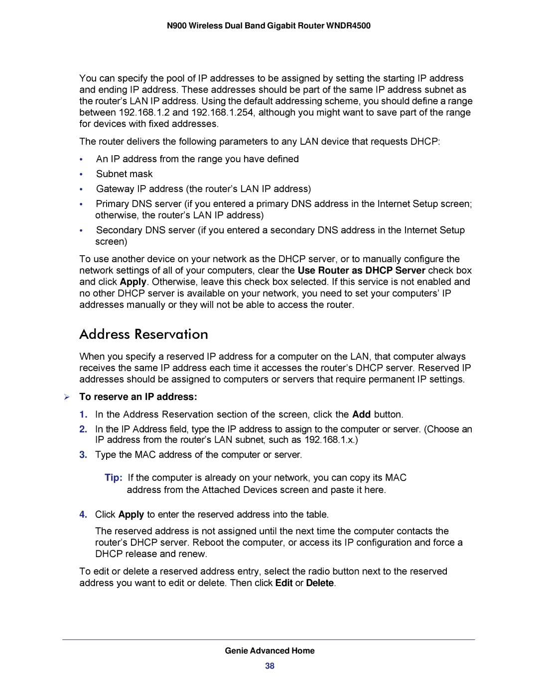 NETGEAR WNDR4500 user manual Address Reservation,  To reserve an IP address 